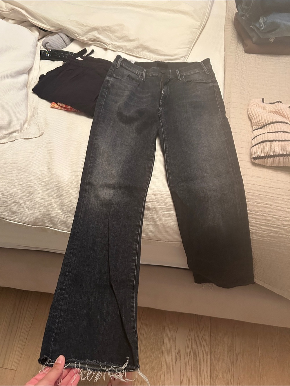 MOTHER Black Washed Frayed Hem Jeans